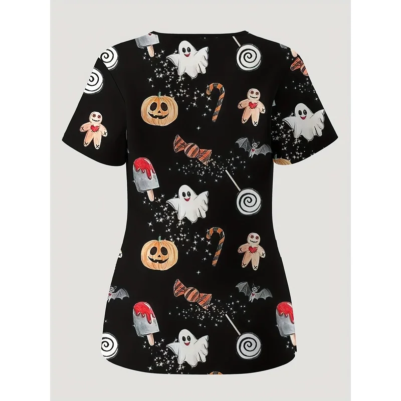 Women's Spooky Halloween Candy Ghost Pumpkin Print Scrub Top, V-Neck Short Sleeve Pocket Nurse Uniform for Healthcare Workers