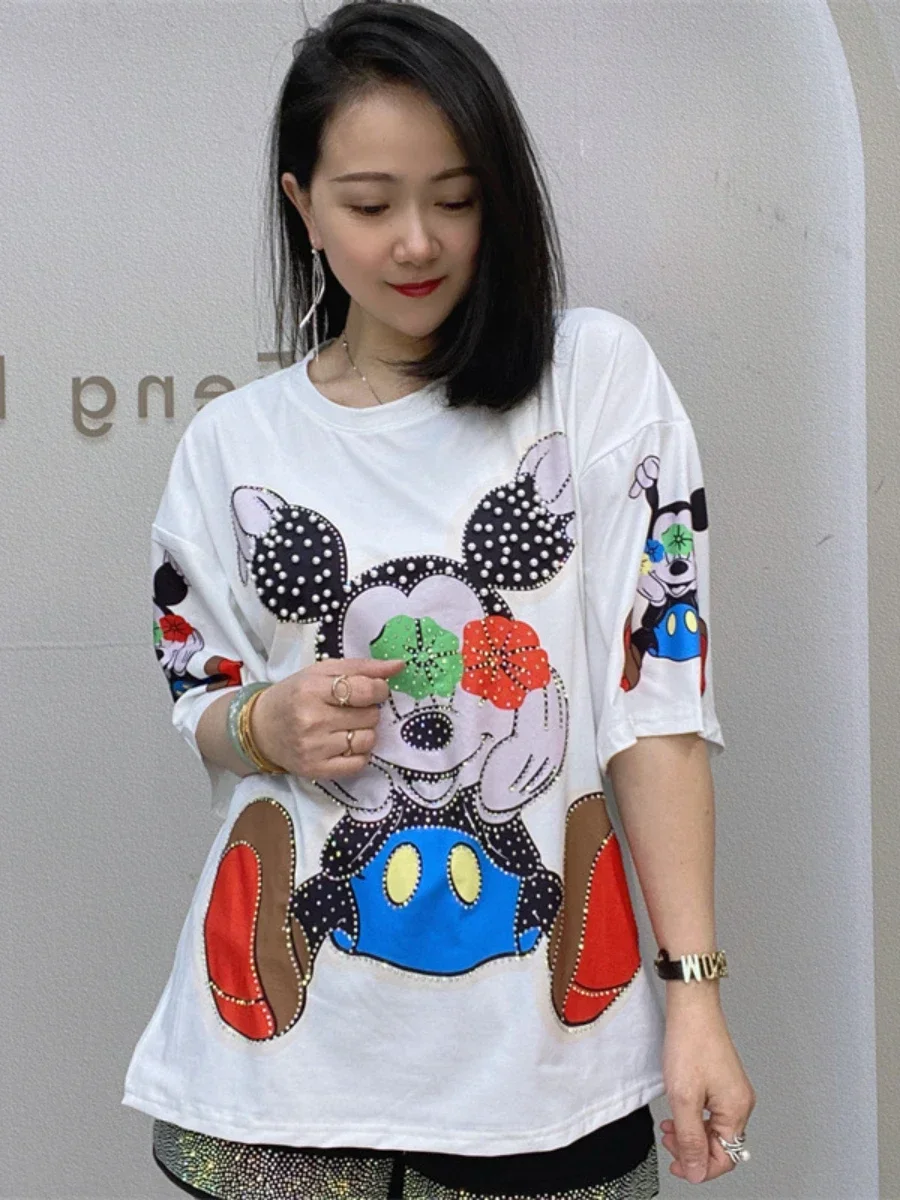 2023 Spring Summer New Round Neck Pullover Cartoon Print Top Women\'s Heavy Industry Beads Rhinestone Loose Short Sleeve T-shirt