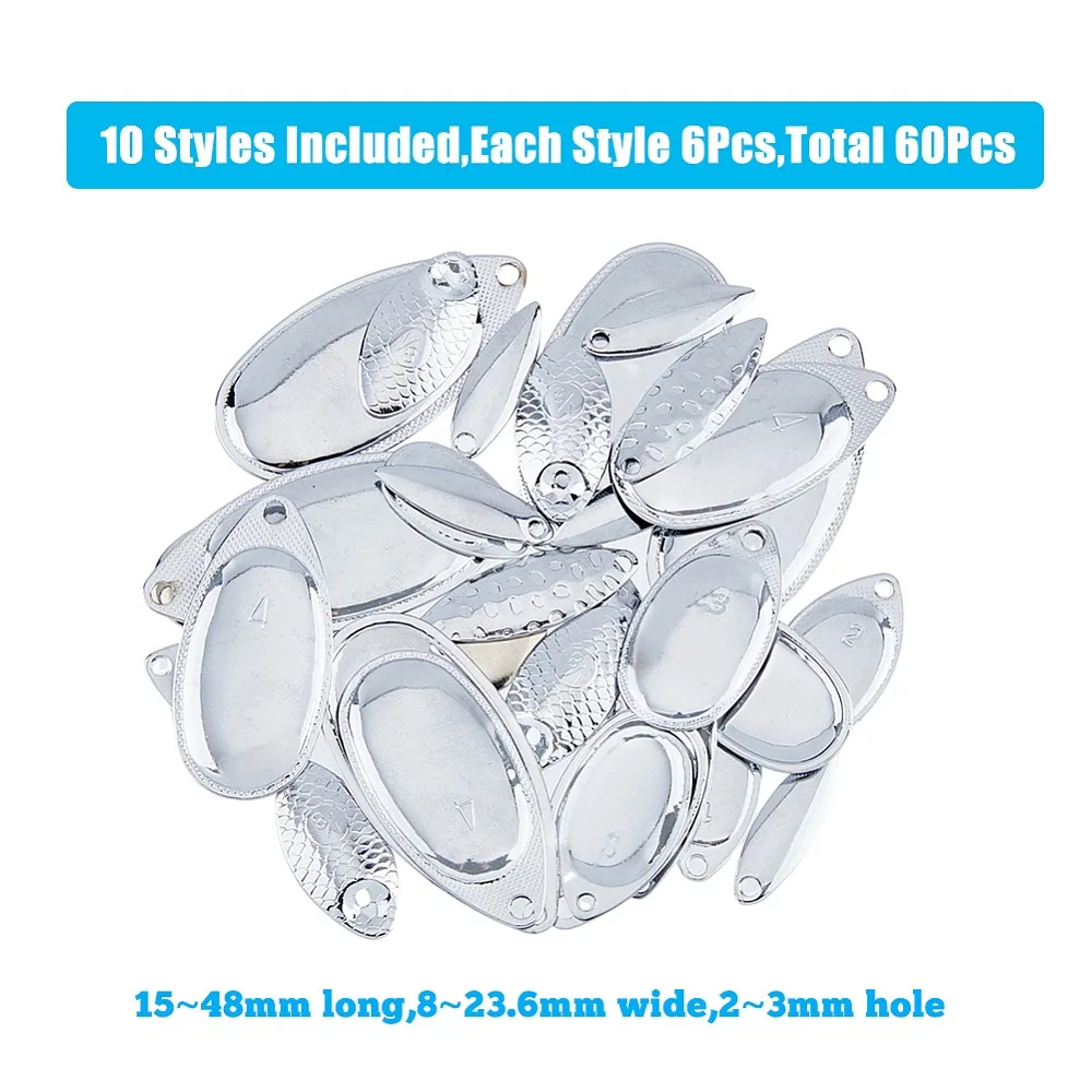 60pcs 3 Styles Fishing Spinner Baits Kit 6 Size Oval Fishing Attractor Spinner Blades 60pcs Spinnerbait Clevis Iron