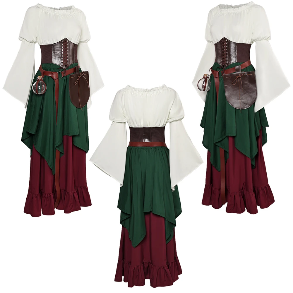 Women Medieval Viking Retro Dress Costume Renaissance Cosplay Vintage Waistbag Belt Set Female Perfomance Cloth Halloween Suits