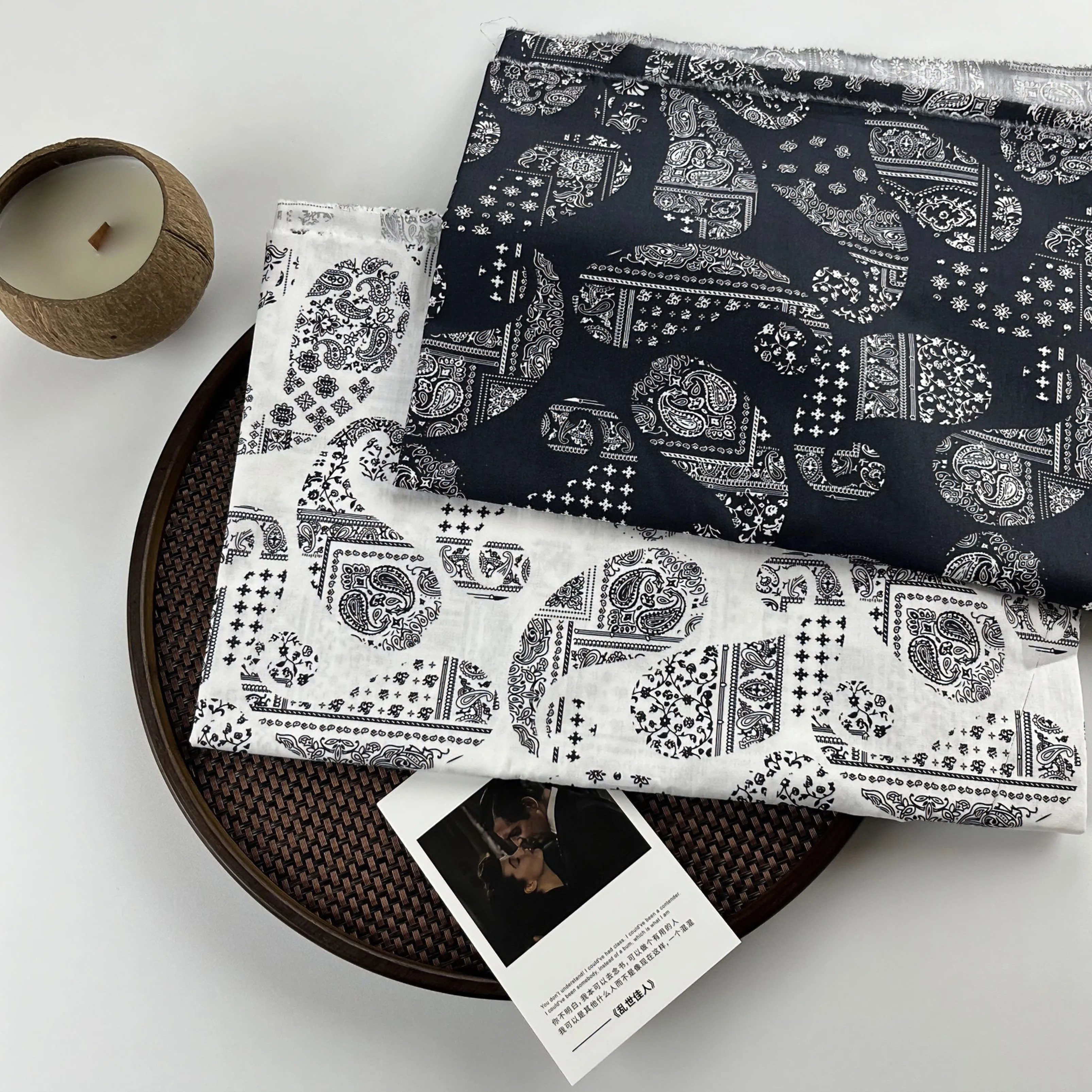 ペイズリー柄綿生地黒白ソフト快適な-diy-縫製材料手作り衣服スカーフカーテンクラフト用品