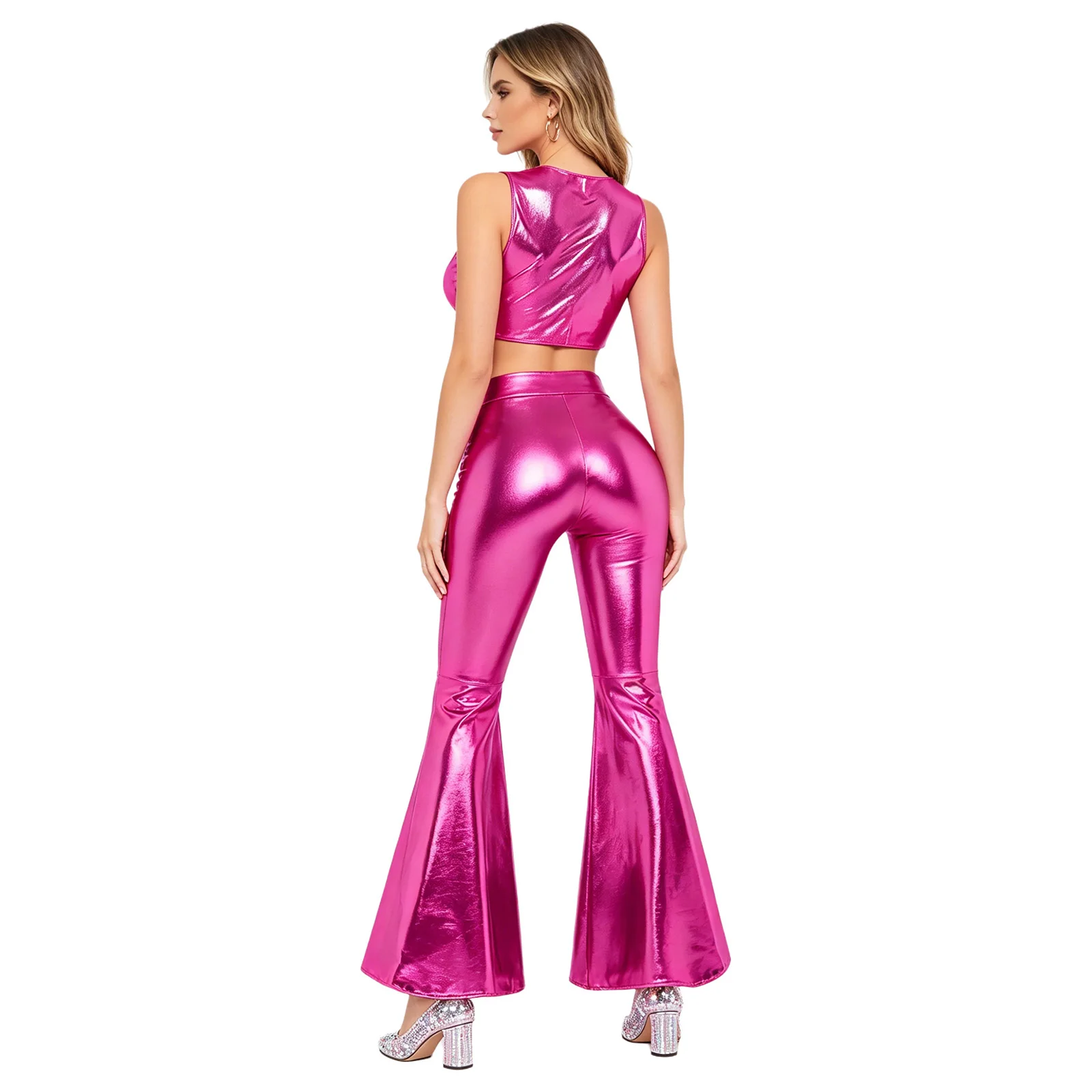 

Women's 70s Disco Jazz Dance Costume Metallic Shiny Rave Clubwear Sequins Sleeveless Tassel Crop Tops with Split Flared Pants