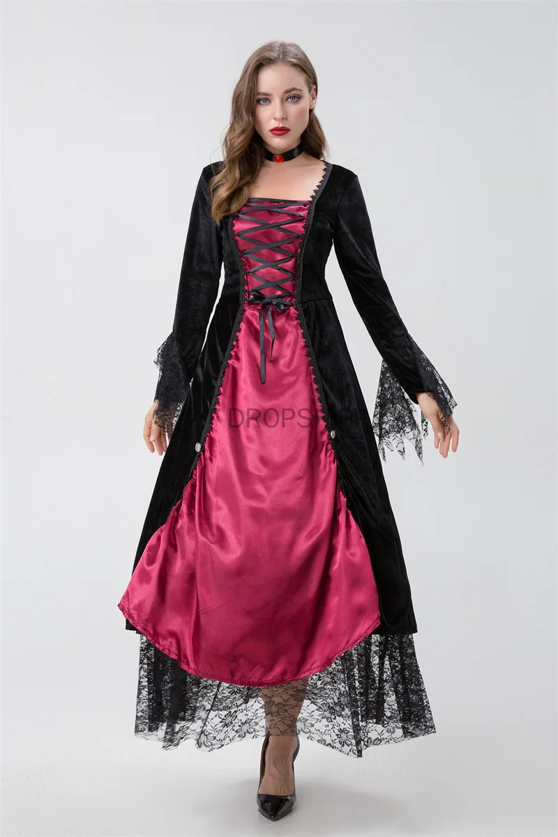 Vestido medieval para mulheres, vestido vintage com capuz, traje adulto, retrô, cosplay, dia das bruxas, assustador, vampiro, bruxa, vestido longo