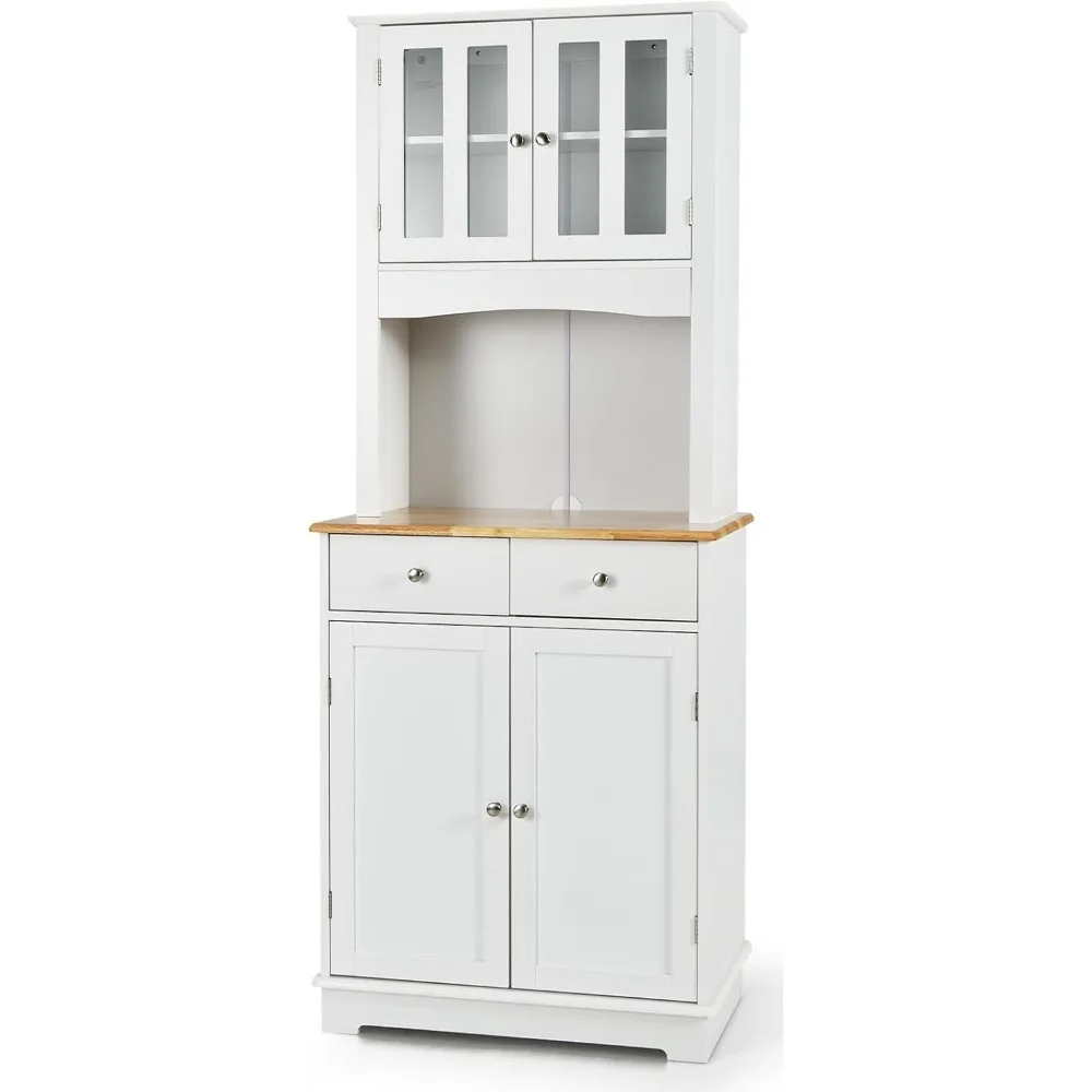 

67” Kitchen Pantry Storage Cabinet, Wooden Buffet Hutch with Glass Doors, 2 Drawers, Adjustable Shelves, Tall Cupboard for Dinin