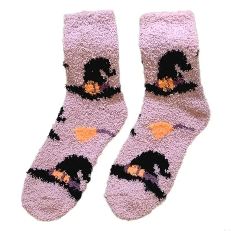 

L38E милые женские носки из мягкого кораллового флиса с принтом тыквы и шляпы ведьмы на осень и зиму