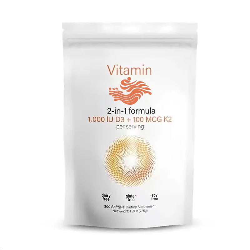Cada 1000 Iud3 contiene 100 mcg de vitamina K2 en una fórmula dos en uno, complementado con 300 cápsulas blandas de vitamina