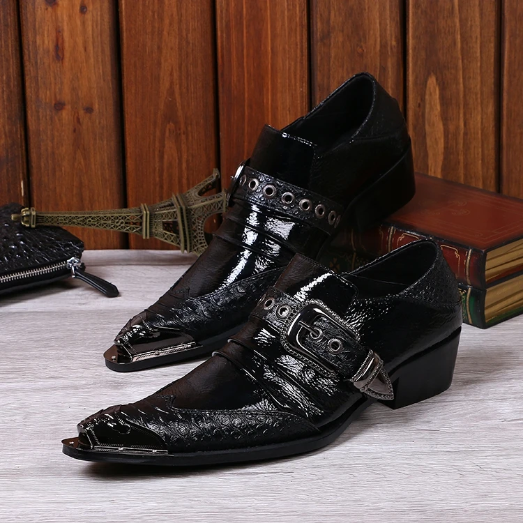 Men High Heels Patent Leather Wedding Dress Shoes Trendy Metal Pointed Toe Buckle Height Increasing Shoes Men Luxury Party Shoes