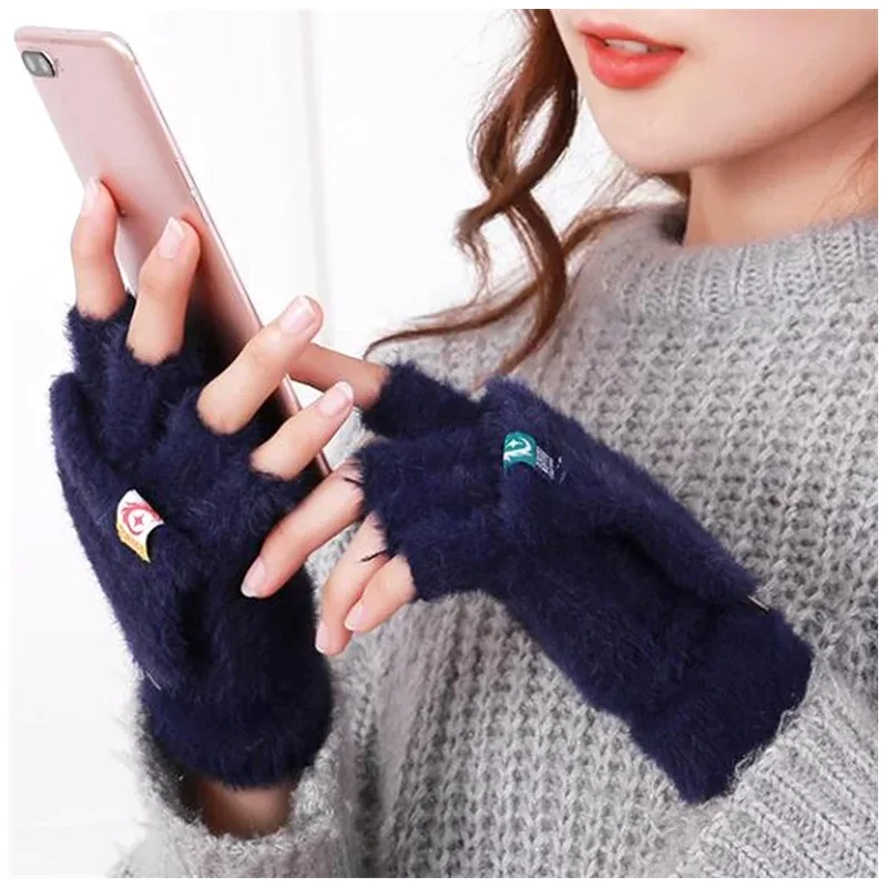 Gloves Outdoor Write Thickened Cold Protection Mitten Soft Warm Student Women Fingerless Plush Female Winter Flip