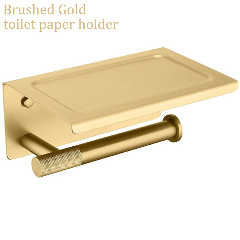 

Brushed Gold Bathroom Shelving Unit SS Perforated Phone Holder Toilet Paper Holder Platform Tissue Holder Hygiene Wall Mount