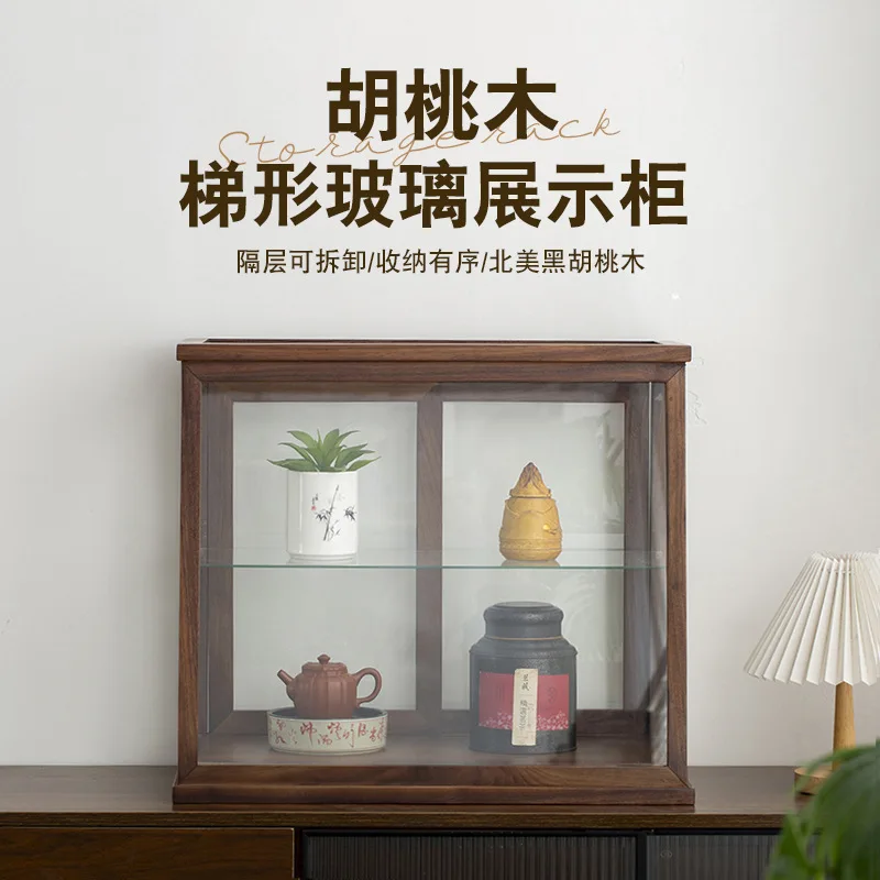 Black walnut glass storage display cabinet Home living room Tea set Cup dust cabinet Tea room Desktop solid wood display cabinet