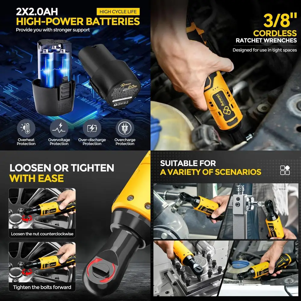 

12V Cordless Ratchet Wrench Set, 40 Ft-lbs Torque, 400 RPM, 2 Batteries & Charger, 7 Sockets, Variable Speed, Auto & DIY Tool (Y