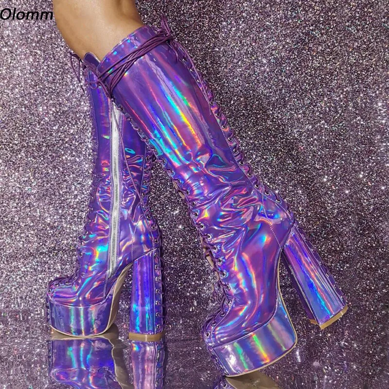 

Olomm Handmade Women Winter Knee Boots Block Heels Round Toe Beautiful Metallic Purple Cosplay Shoes Ladies Plus US Size 5-20