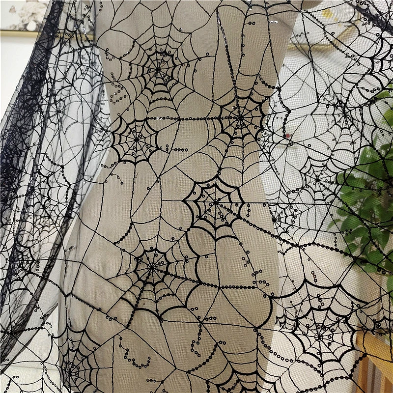 2Yards Black Halloween Day Party Background Arrangement Spider Sequin Mesh Yarn Embroidery Lace Fabric Handmade DIY Skirt