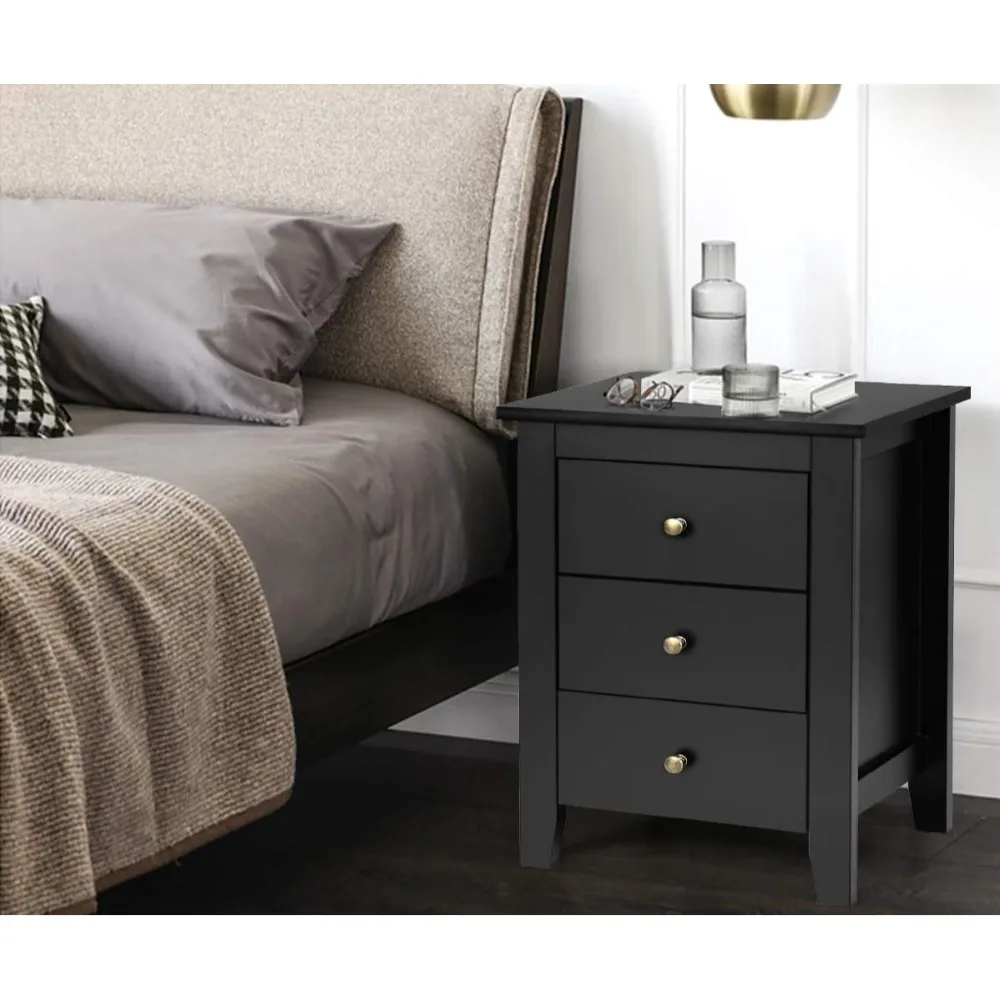 

Nightstand, Side Table with 3 Drawers,Bedroom Side Storage Cabinet Wooden End Table Accent Table Solid Wood Legs (Black, 2 Pics)