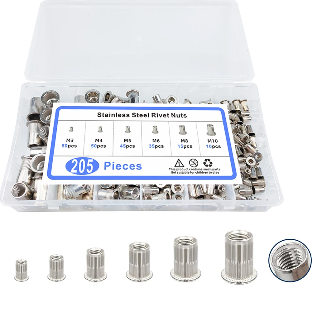 304 Stainless Steel Rivet Nut Assortment Kit(205 Pcs),M3 M4 M5 M6 M8 M10 Flat Head Rivnut Set,Rivnut Threaded Insert Nut