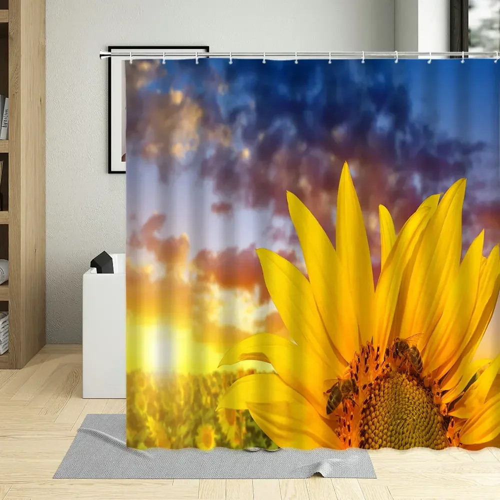 Beautiful Bloom Of Colorful Sunflower Flowers Natural Landscape Pattern Waterproof Home Use Shower curtain Polyester With Hook