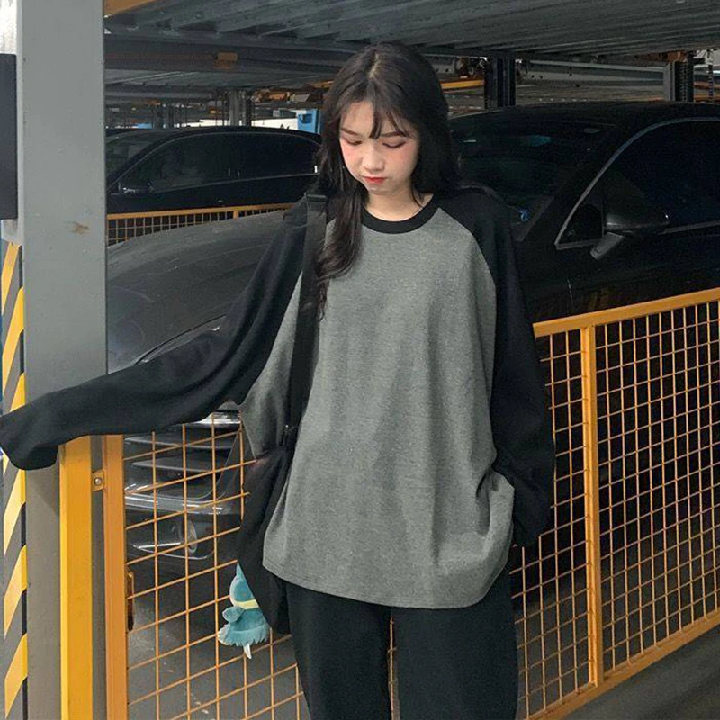 Oversized T-shirt Round Collar Contrast Color Long Sleeve Tops Women Spring Patchwork Kawaii T Shirts Unisex Streetwear