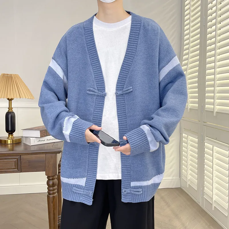 

Мужской открытый кардиган, повседневный вязаный свитер, верхняя одежда для подростков и студентов, весна-осень, новинка, свободный крой, V-образный вырез, длинный рукав
