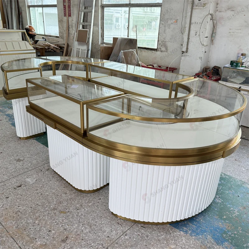 custom.Modern Retail Store Luxury Jewelry Display Cabinet Ripple Shape showcase Hot Bent Glass Counter Jewelry Display Sho