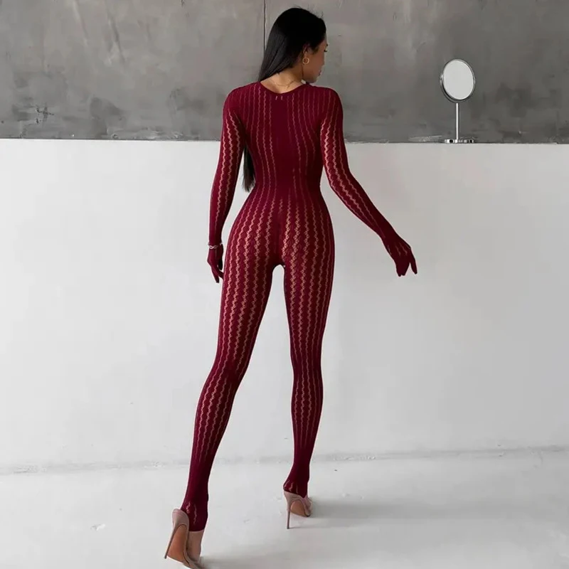 Sexy Perspective Lace Tight Jumpsuit Autumn Vintage Solid Color Wrap Hip Bottom Bodysuit Casual O Neck Hollow Long Pants Romper