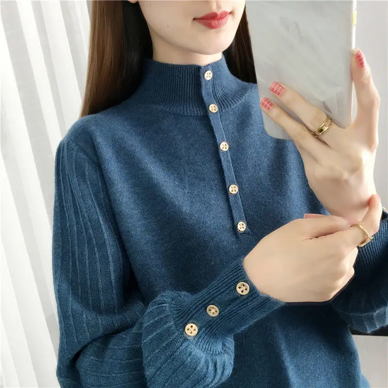 Fashion Loose Spliced Button Knitted Lantern Sleeve Sweaters Women\'s Clothing 2022 Autumn New Casual Pullovers All-match Tops