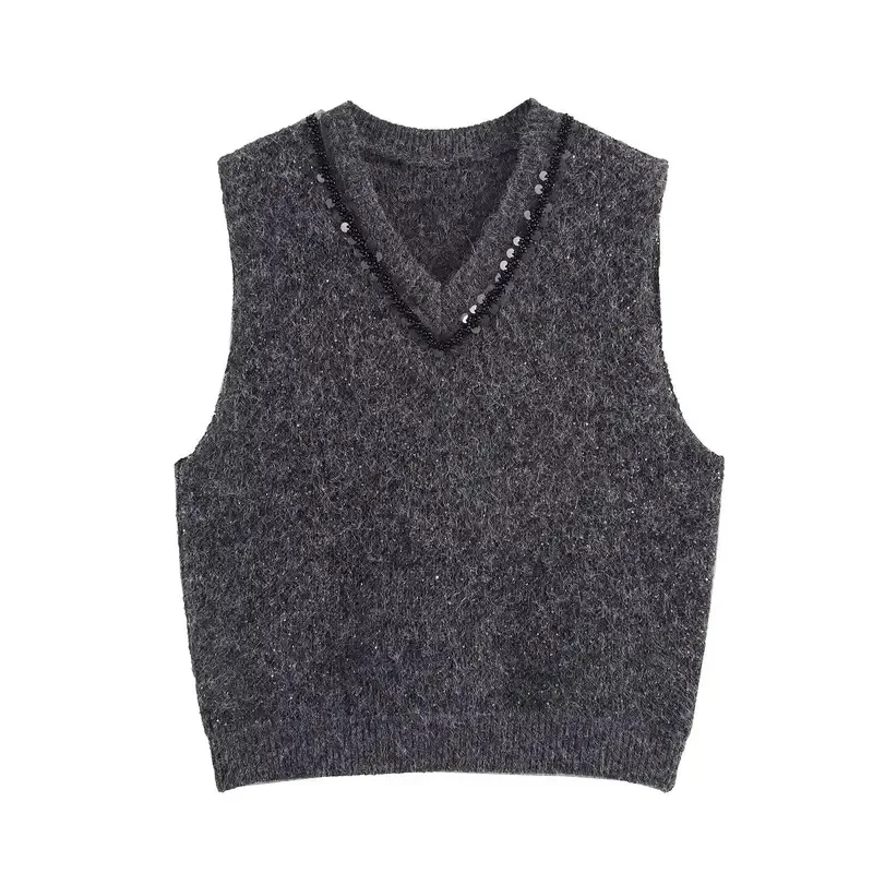 Suéter de punto sin mangas con cuello en V para mujer, Jersey de moda de estilo coreano, Top para otoño, chaleco de moda que combina con todo 2025