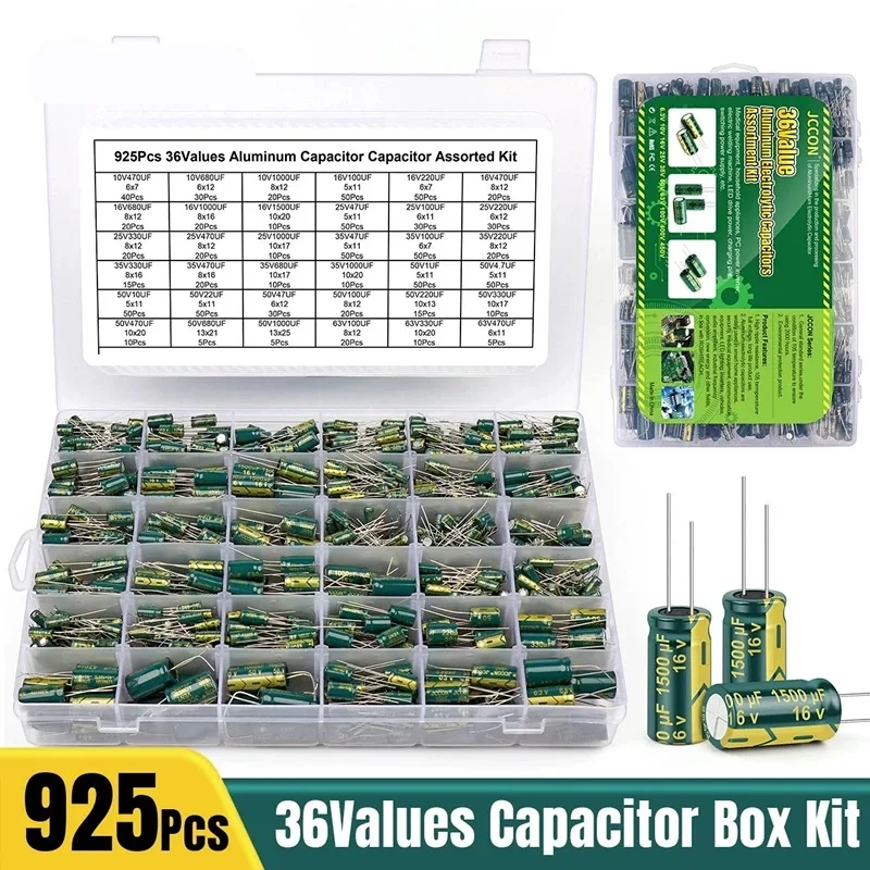 925pcs High Frequency Aluminum Electrolytic Capacitors Sample Case 36 kinds of resistance 10V470uF-63V470uF green in-line