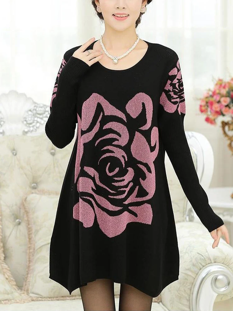 

Floral Print Long Sweater Dress 2025 Autumn Winter Women's Long Sleeve Pullover Elastic Dresses