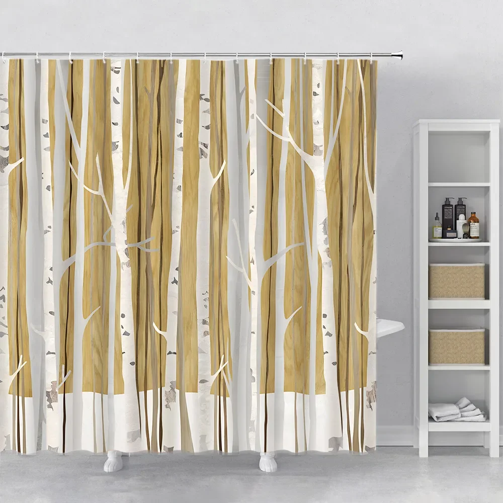 Brown Tree Fabric Shower Curtain, Art Abstract Birch Forest Wood Polyester Bath Curtain, Farmhouse Bathroom Curtains with Hooks