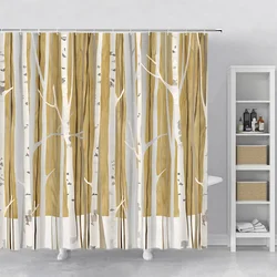 Brown Tree Fabric Shower Curtain, Art Abstract Birch Forest Wood Polyester Bath Curtain, Farmhouse Bathroom Curtains with Hooks