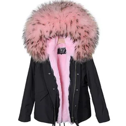 2023 Maomaokong New Female Short Raccoon Fur Collar Parka Inner Fur Jacket Women Slim Winter Warm Coat Women's  Cold Coat