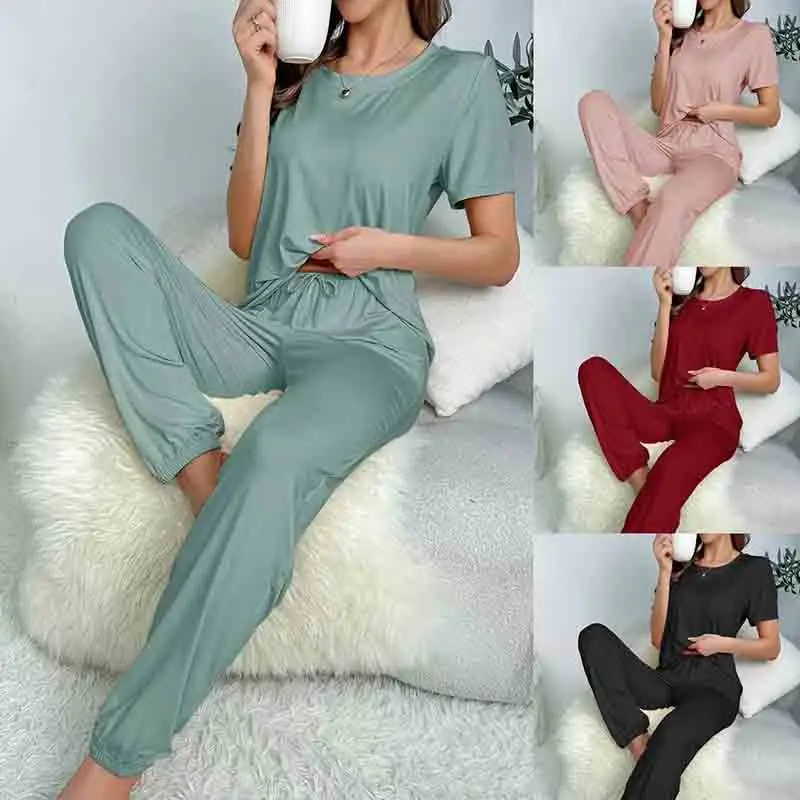 Women's Slee Pajama Sets Summer 2024 New Fashion Causal Underwear Short-sleeved Top & Drawstring Trouser Set Solid Color Tees