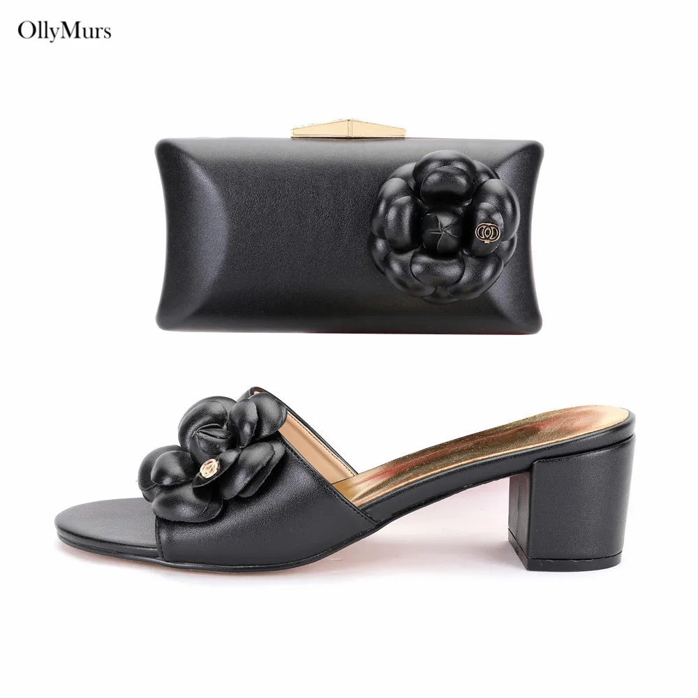 

New Arrival PU Leather Black Color Woman Shoes And Purse Set Fashion Summer High Heels Shoes And Bag Set For Evening Party