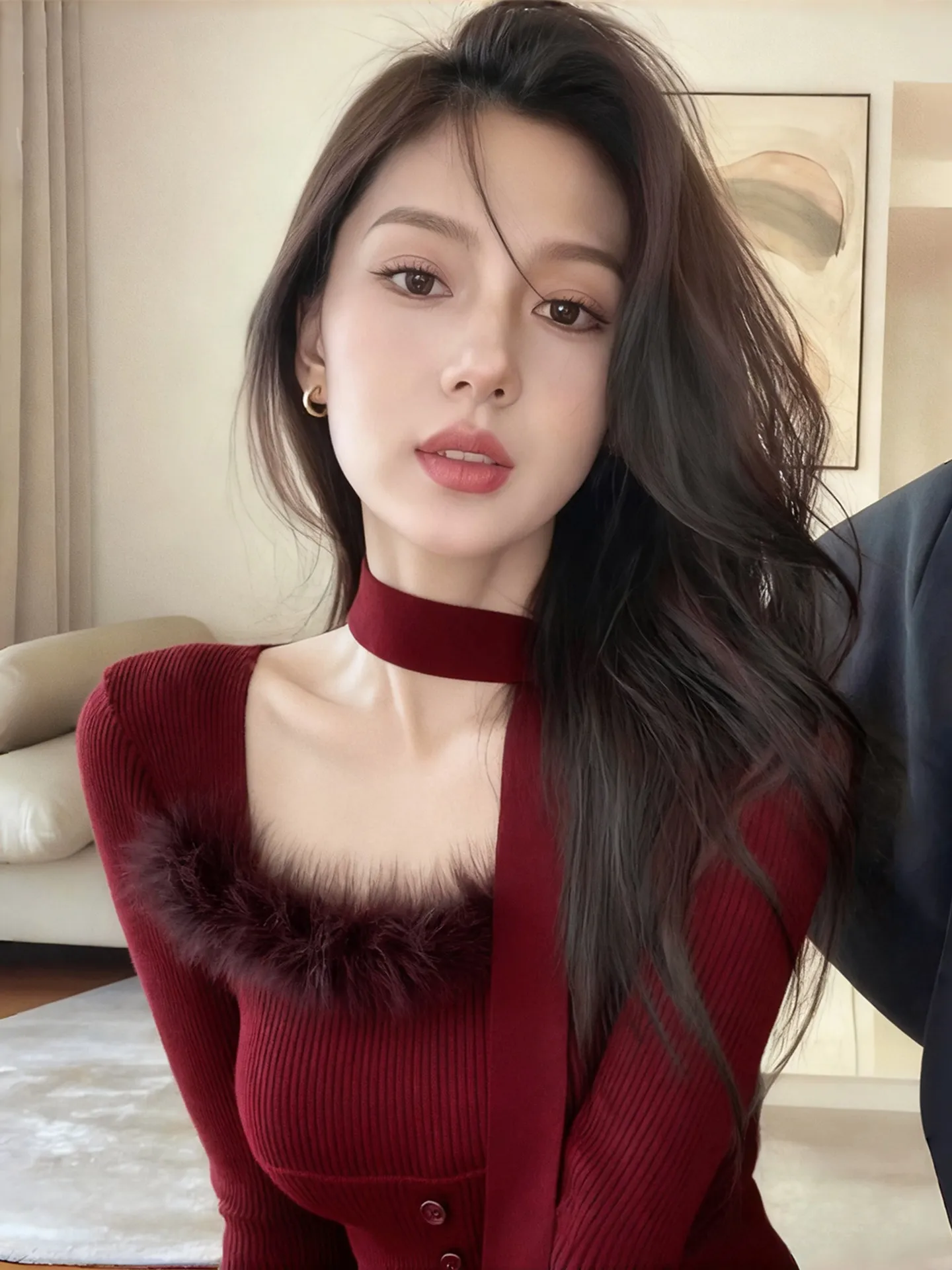 

Красный вязаный облегающий свитер для женщин на осень-зиму, новогодний, для ношения под верхней одеждой, в стиле «Spicy Girl», с вырезом хенли