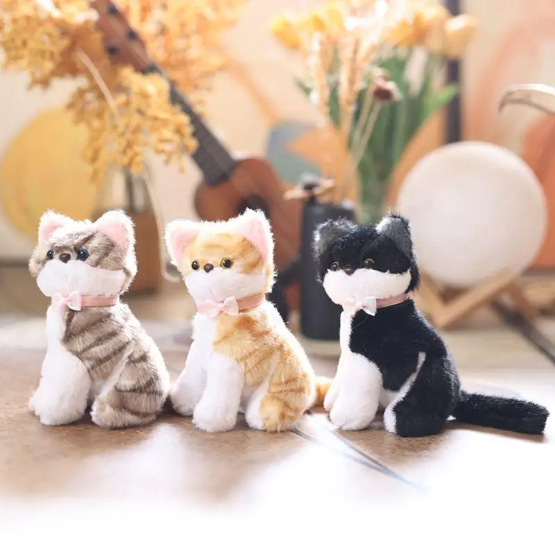Realistic Cat Plush Keychain Cute Soft Fluffy Sitting Kitten Doll Bag Pendant Backpack Hanging Decor Car Keyring Girls Gift