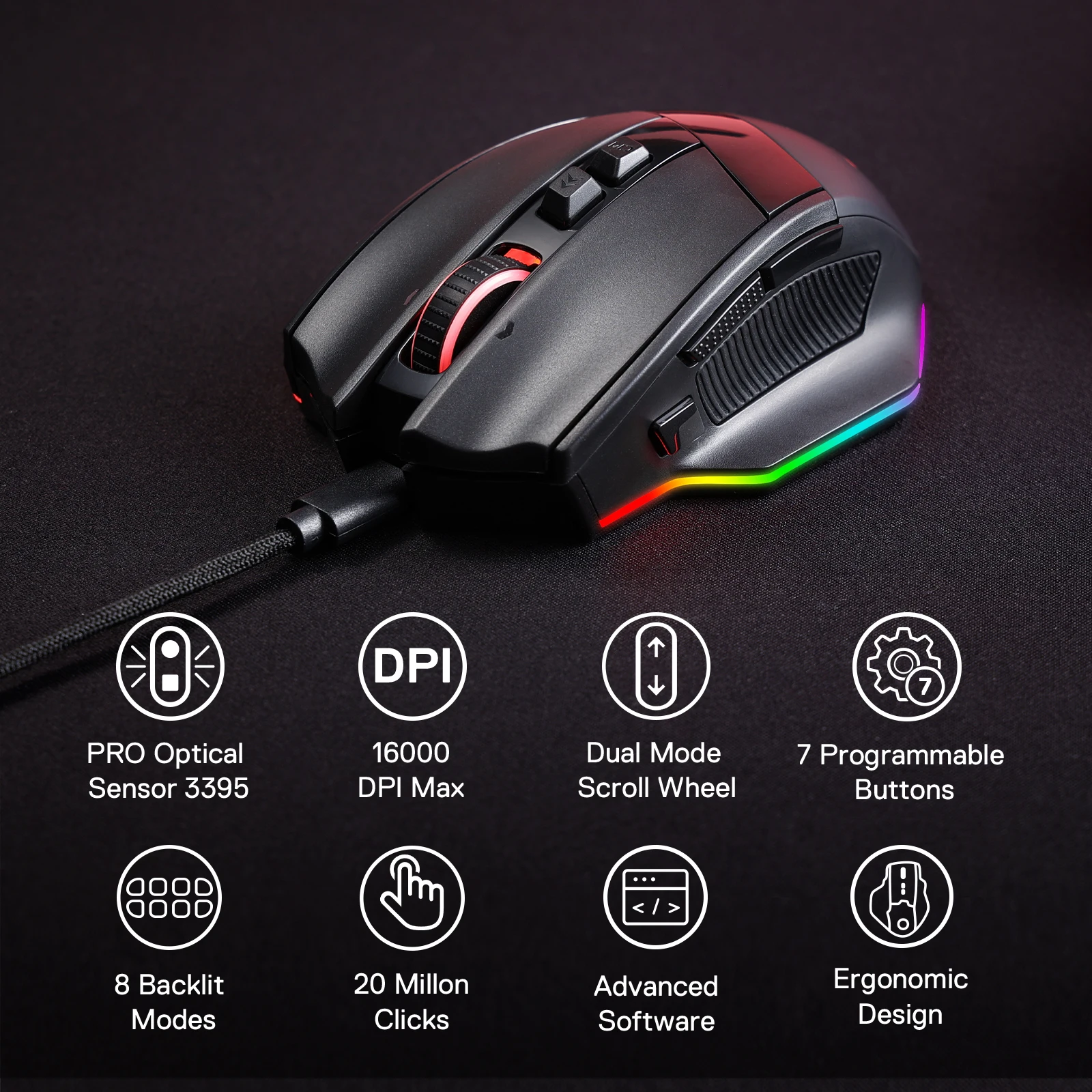 Redragon M813 Wired RGB Gaming Mouse with 4D Dual Mode Scroll Wheel, Optical Ergonomic Gamer Mouse with Max 16,000DPI, High Prec