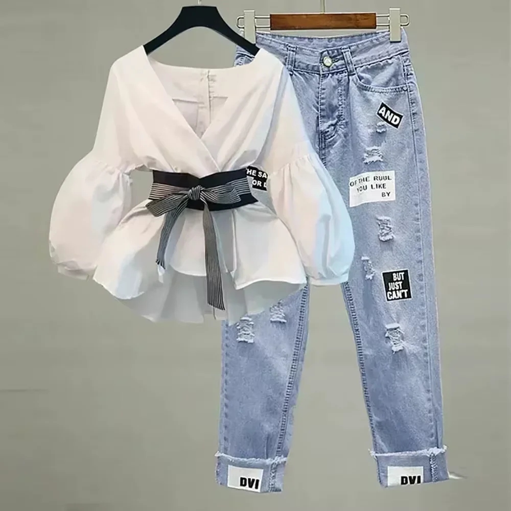 Women Elegant Sets V-Neck Stripe Lantern Sleeve Bow Belt Chiffon Shirt & Blouse Top Korean Ripped Jeans Office Lady Casual Suits