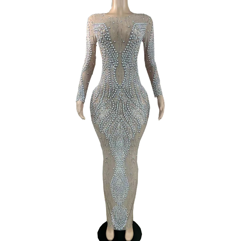 Robe longue en maille transparente et Sexy, tenue de bal et d'anniversaire avec des strass et des perles scintillantes