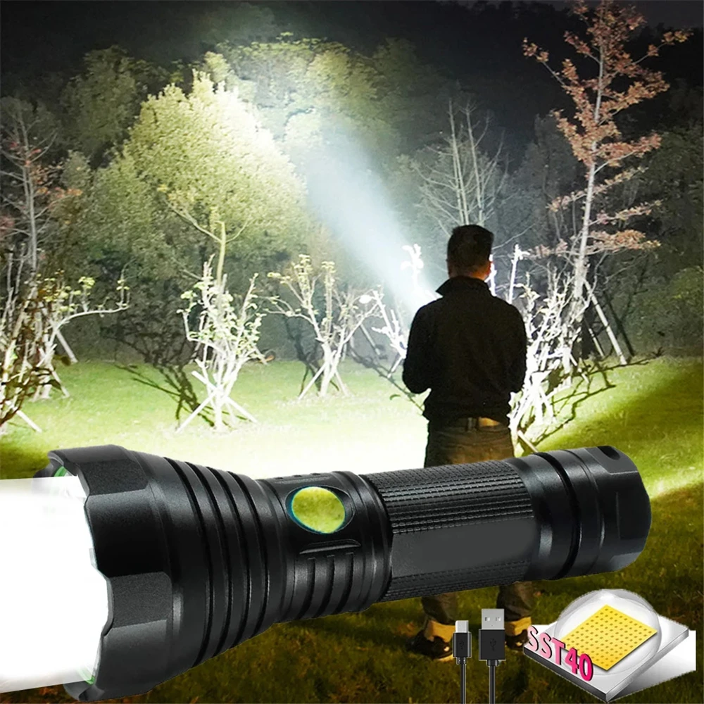 40000 LM Super Powerful LED Flashlight SST40 Tactical Torch 4 Modes USB Rechargeable Lamp Waterproof Lantern Uses 26650 For Bike