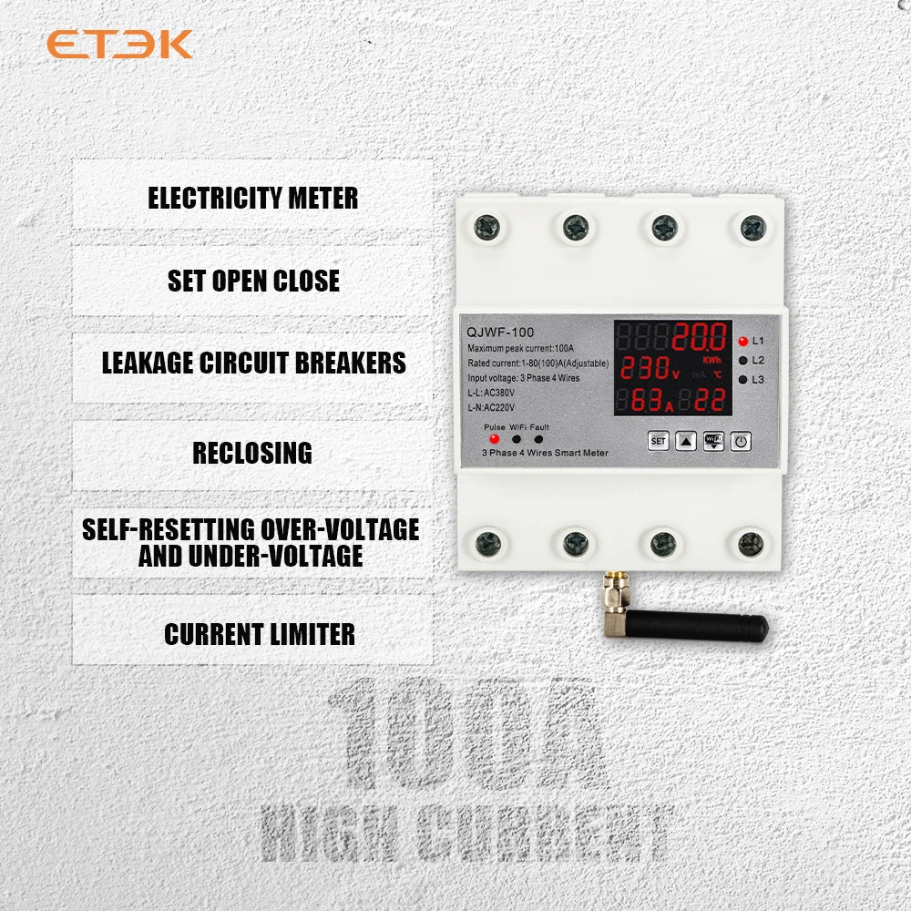 

ETEK Three Phase Smart Auto-Reclosing Over Under Voltage Protector Prepaid Adjustable100A 4P ACType TUYA WIFI Control Meter QJWF