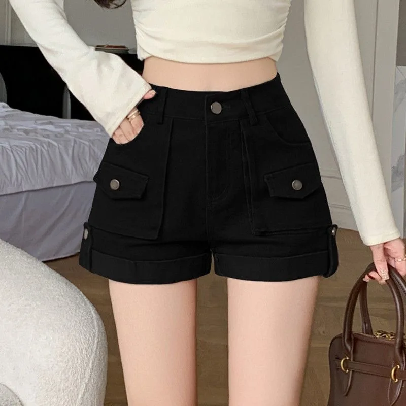 

Black Shorts High Waisted Elastic Denim Short Pant Women Daily Versatile Chic Slim A-line Workwear Shorts Hotsweet Girl Clothes