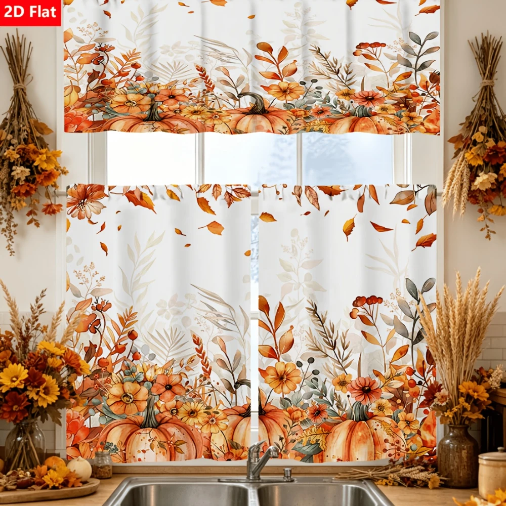 2D Flat Curtain Set, Autumn Harvest Pumpkin Maple Leaf Curtains Lantern Pinecone Short Curtains, Kitchen Window Decoration