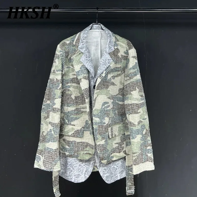 HKSH Autumn Winter New Men's Tide Niche Original Design Fake 2-piece Layered Blazer Belt Double Collar Silhouette Jackets HK2744