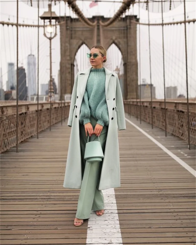 

Light Green Women Suit Woolen Overcoat Winter Thick Cashmere Custom Made 1Pcs Long Jacket Ankle Length Formal Double Breasted