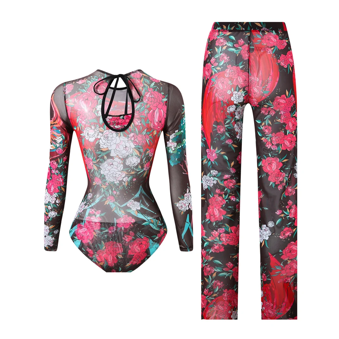 S - XXL Neuer bedruckter Badeanzug mit langen Ärmeln und Hose, einteiliger Damen-Badeanzug, floraler, gepolsterter Badeanzug, Badebekleidung, Modell V7176 – Detail 37