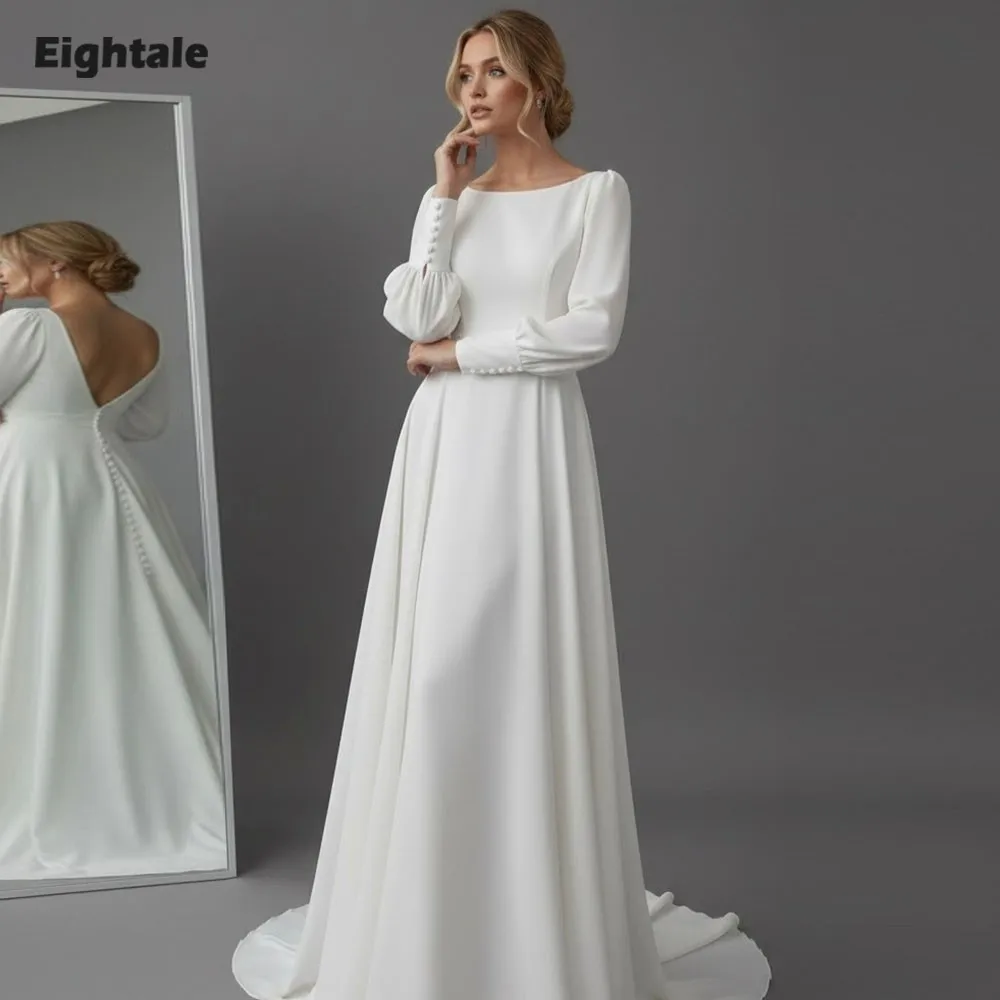 Abito da sposa arabo Eightale personalizzato avorio o-collo in raso maniche lunghe abito da sposa musulmano lunghezza pavimento abito da festa da sposa