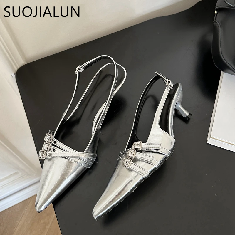 SUOJIALUN 2024 Spring New Brand Women Sandal Fashion Buckle Ladies Elegnat Pointed Toe Slip On Slingback Shoes Thin Med Heel Mul