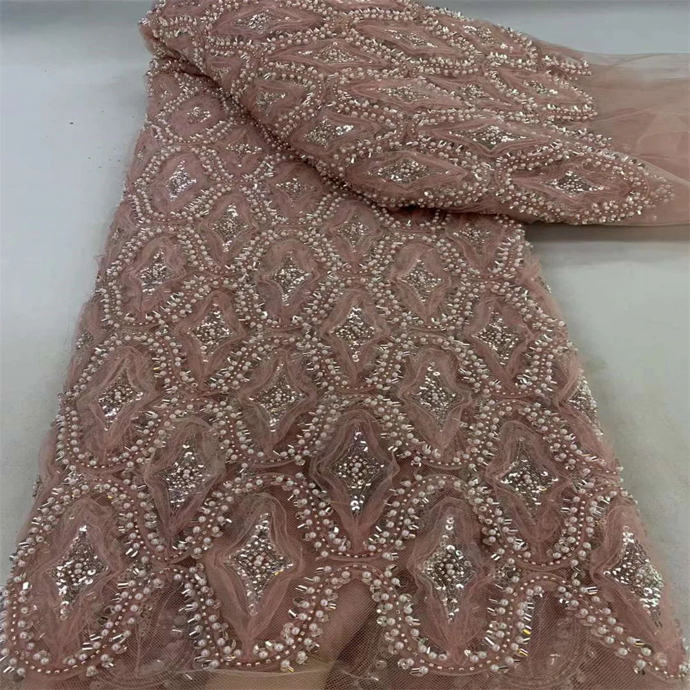 2024 Africa Lace Fabric 5 Yards High Quality 2024 New French Lace Beaded Lace Fabric Luxury Nigerian Sequins Beads Bride Dress