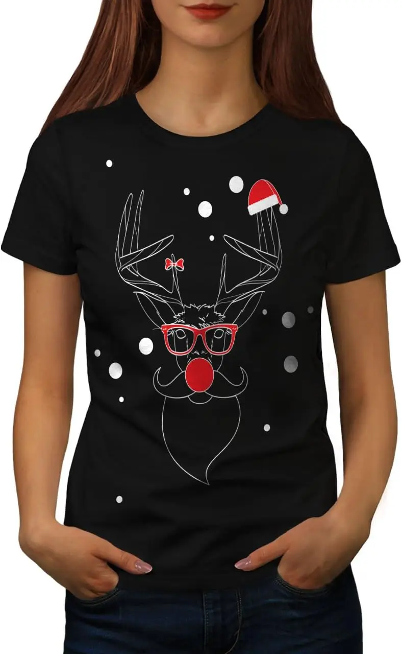 Wellcoda Christmas Deer Red Womens T-Shirt, Holiday Casual Design Printed Tee