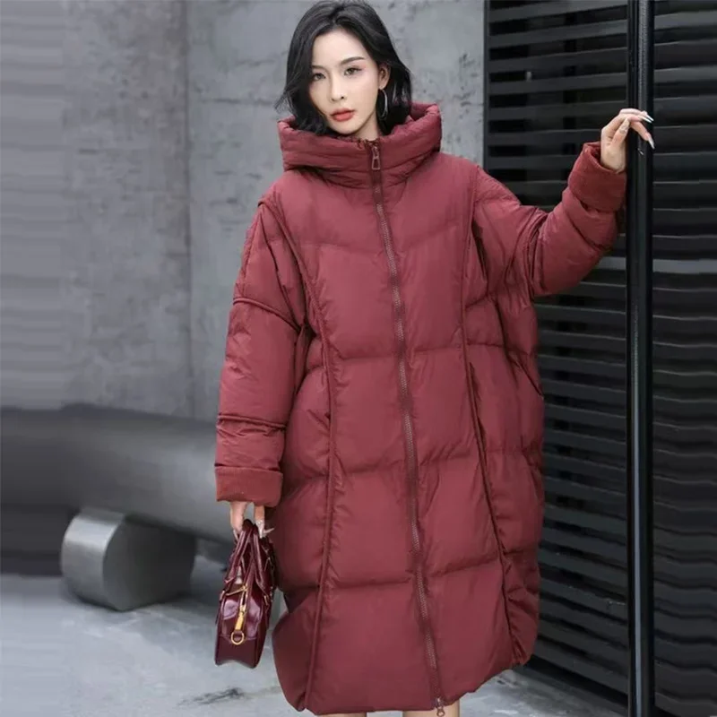 

2025 New Winter Women Thickened Large Quilted White Duck Down Jacket Female Long Over-Knee Loose Fit Warm Puffer Coat